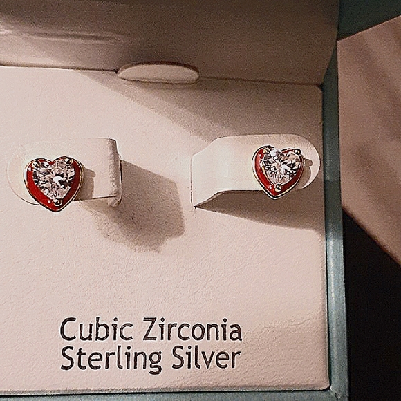Nanette Lepore Jewelry - CUBIC ZIRCONIA STERLING HEART SHAPED STUDS TRIMMED IN RED
